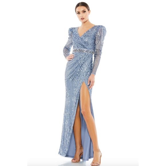 MAC DUGGAL Sequin Beaded Puff Sleeve Surplice Dress Size 6 Slate Blue